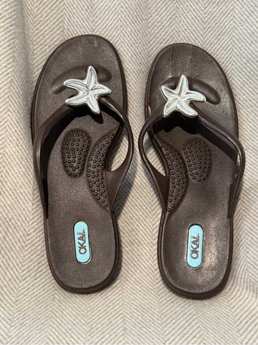 OKA b. Brown Flip Flop Sandals with Silver Starfish